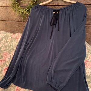 The Loft Large Cadet Blue Blouse Black tie bow Misses Large. Worn once.